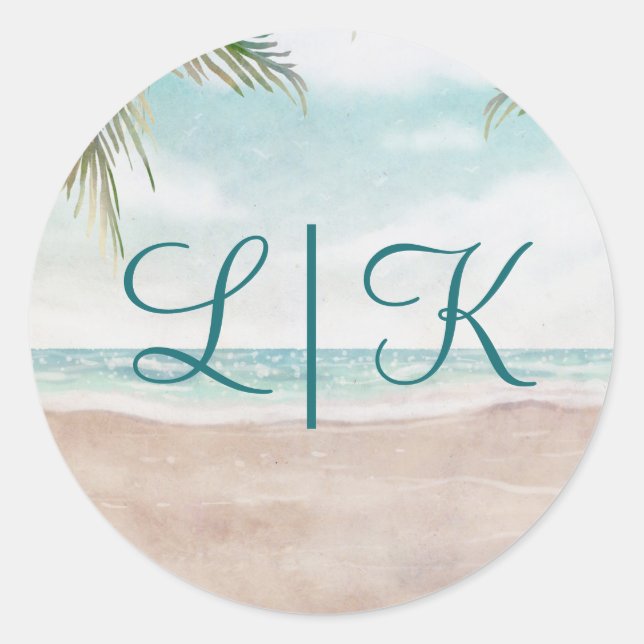 Island Breeze Painted Beach Scene Monogram Wedding Classic Round Sticker (Front)