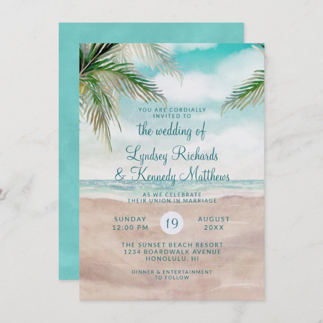 Island Breeze Palm Trees Beach Scene Wedding Invitation (Front/Back)