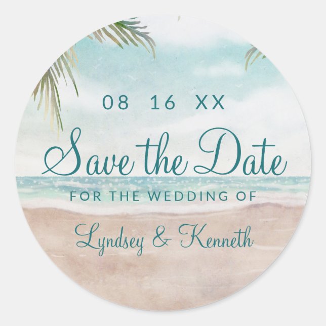 Island Breeze Tropical Beach Scene Save the Date Classic Round Sticker (Front)