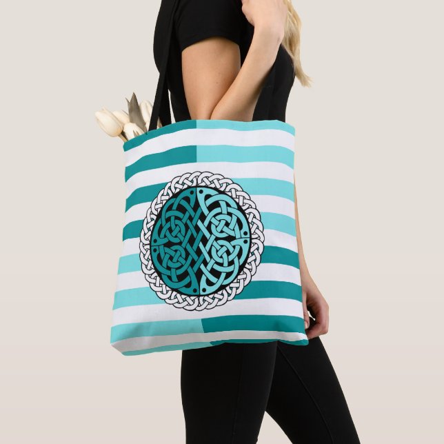 Island Celtic White/black/aqua stripe,circle knot Tote Bag (Close Up)
