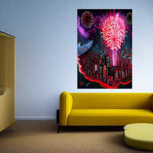 Island, city and firework   AI Art Poster
