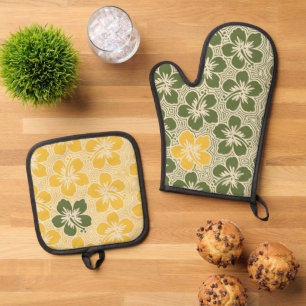 Island Floral Hawaiian Hibiscus Pinstriped Olive Oven Mitt & Pot Holder Set
