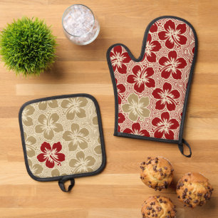 Island Floral Hawaiian Hibiscus Pinstriped Red Oven Mitt & Pot Holder Set