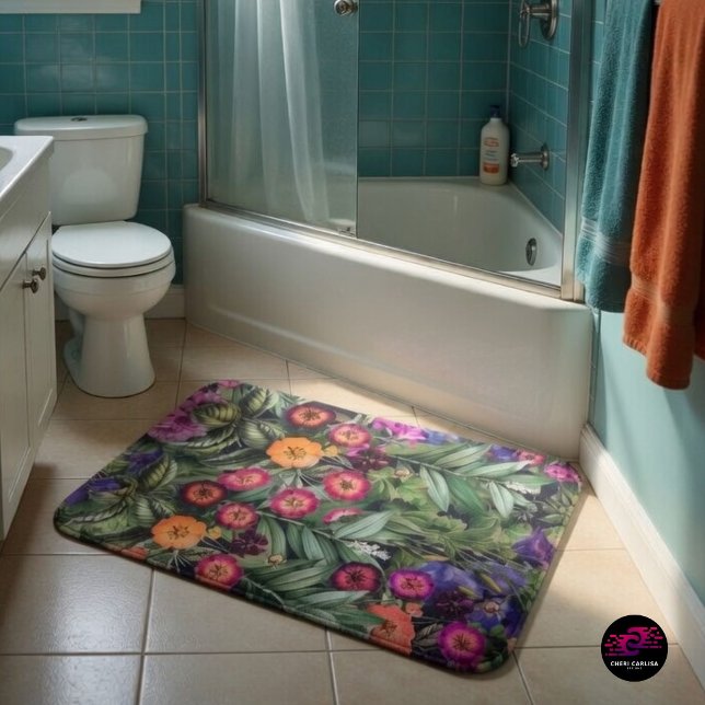 Island Floral Pink Meadow Bath Mat (Step out. Tropical florals. Island feel.)