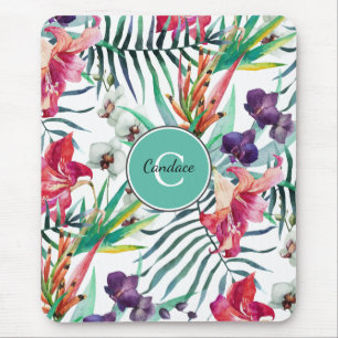 Island Floral Tropical Pattern with Monogram Mouse Pad