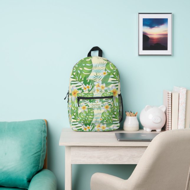 Island Flowers and Monstera Leaves Personalised  Printed Backpack (Insitu)