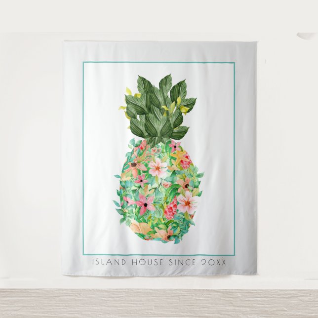 Island Flowers Pineapple Illustration Tapestry (Front)