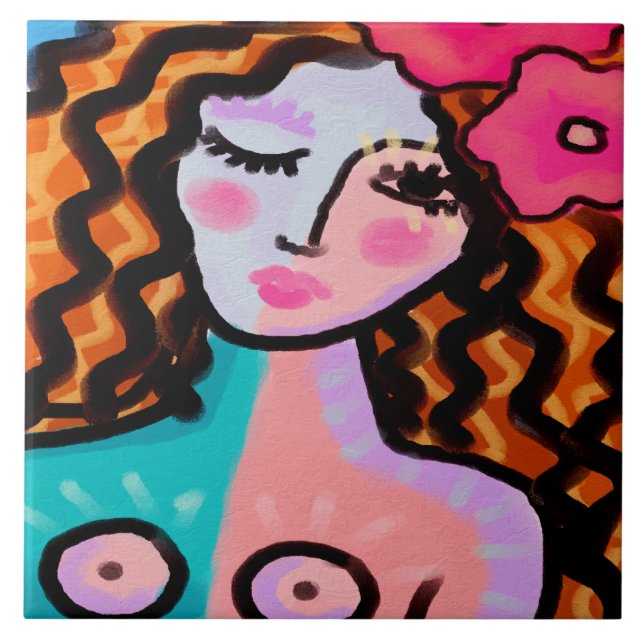 Island Girl Abstract Digital Painting Ceramic Tile (Front)