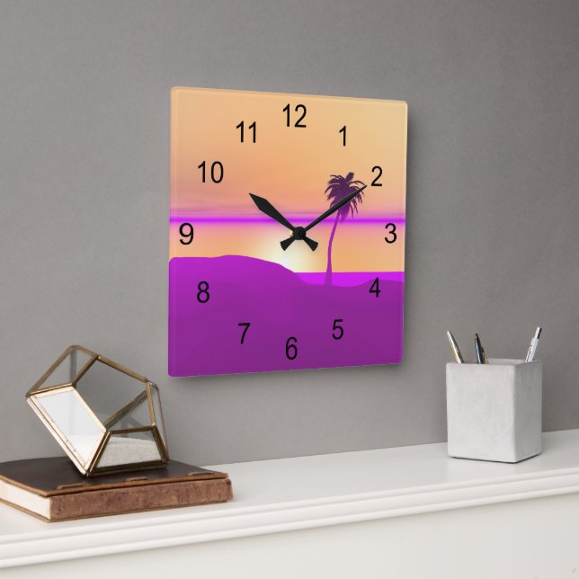 Island Gold and Purple Square Wall Clock (Office)