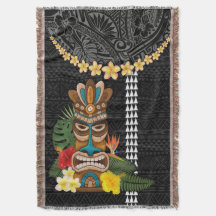 Island Hawaii Plumeria Lei Blanket Tiki and Kakau 