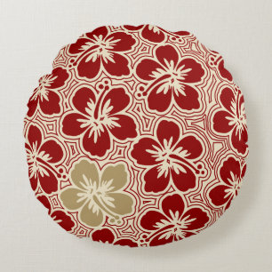 Island Hibiscus Hawaiian Pinstriped Reversible Round Cushion
