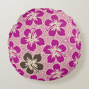 Island Hibiscus Hawaiian Pinstriped Reversible Round Cushion