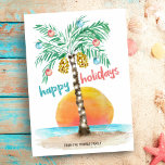 Island Holiday Tropical Beach Palm Christmas Card<br><div class="desc">Tropical beach theme flat Christmas card features an island in the sun with a palm tree decorated with string lights and ornaments and a "happy holidays" greeting. Art by KL Stock</div>