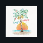 Island Holiday Tropical Beach Palm Christmas  Napkin<br><div class="desc">Tropical beach theme Christmas cocktail napkins feature a watercolor island in the sun with a palm tree decorated with string lights and ornaments,  and a  "happy holidays" greeting. The lower line of text can be personalised (shown here with "thank you for celebrating with us").  Art by KL Stock</div>