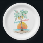 Island Holiday Tropical Beach Palm Christmas Paper Plate<br><div class="desc">Tropical beach theme Christmas paper plates feature a watercolor island in the sun with a palm tree decorated with string lights and ornaments,  and a  "happy holidays" greeting. The lower line of text can be personalised (shown here with "thanks for celebrating with us"). Art by KL Stock</div>