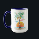 Island Holiday Tropical Beach Palm Tree Christmas Mug<br><div class="desc">Tropical beach theme Christmas mug features an island in the sun with a palm tree decorated with string lights and ornaments and a "happy holidays" greeting. The lower line of text can be personalised with a name or greeting of your own. Art by KL Stock</div>