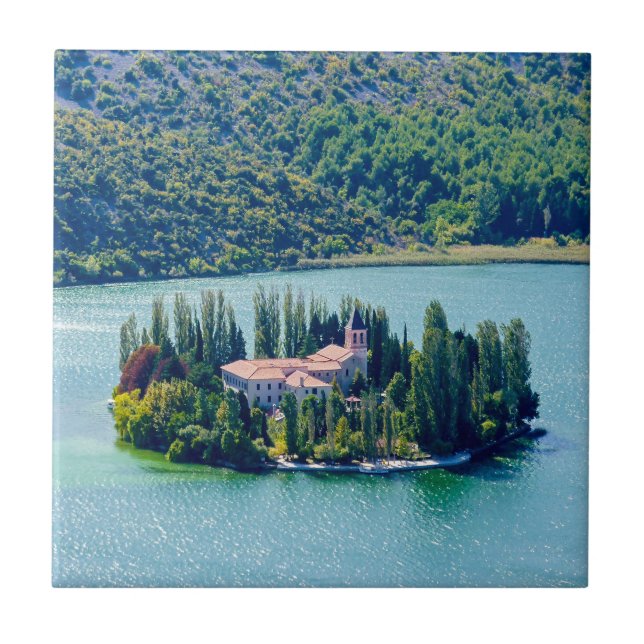 Island of Visovac monastery in Krka NP - Croatia Ceramic Tile (Front)