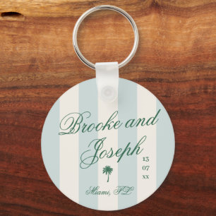 Island Palm Stripe Cabana Beach Retro blue wedding Key Ring