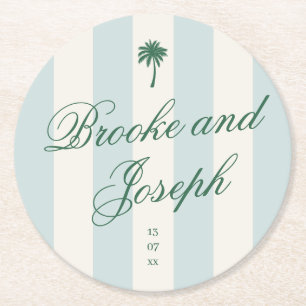 Island Palm Stripe Cabana Beach Retro blue wedding Round Paper Coaster