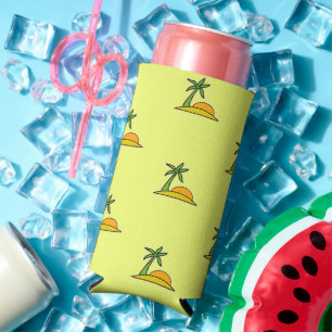 Island palm trees and sun on yellow seltzer can cooler