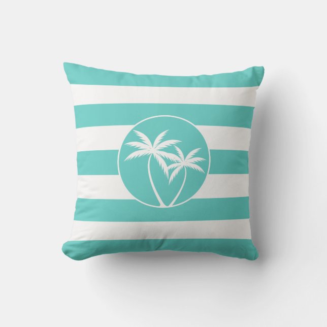 Island Palms Beach Life on Aqua Stripes Pattern Cushion (Front)
