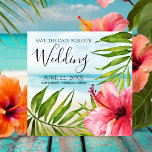 Island Paradise | Palms and Hibiscus Beach Wedding Save The Date<br><div class="desc">Tropical Save the date card features elegant calligraphy accents, bride and groom's names and wedding date and location over a watercolor beach background framed by palm tree leaves and a pink hibiscus flower. Reverse side is ocean blue. Personalize with your names and wedding information. Coordinates with my Island Paradise wedding...</div>