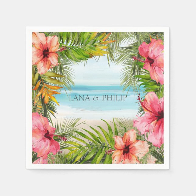 Island Paradise | Tropical Beach Flower and Palms Napkin (Front)