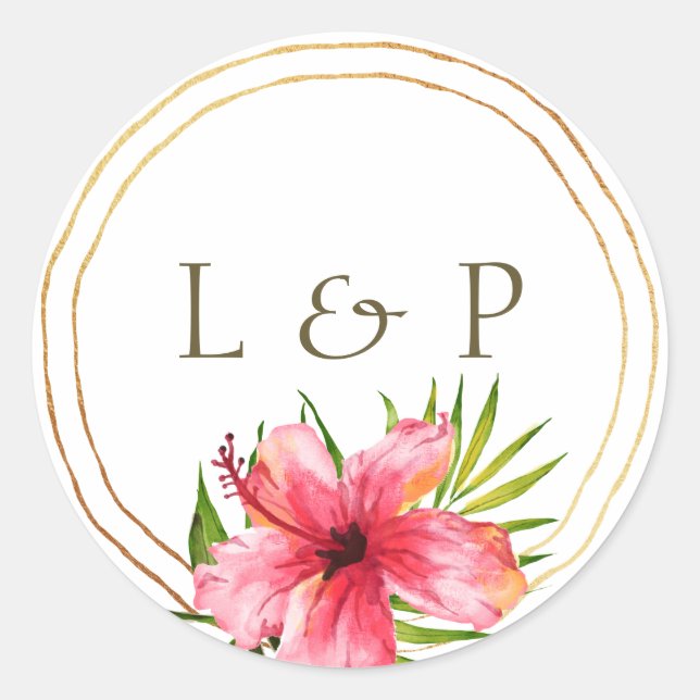 Island Paradise | Tropical Flower Palm Wedding Classic Round Sticker (Front)