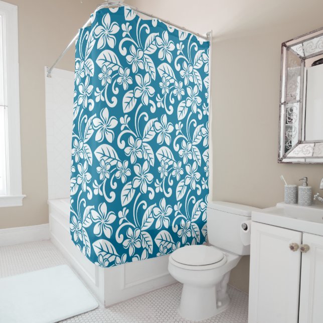 ISLAND PLUMERIA (CARIBBEAN BLUE) Shower Curtain (In Situ)