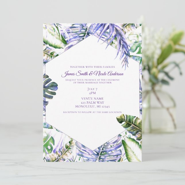 Island Purple Lilac Tropical Palm Leaves Wedding   Invitation (Standing Front)