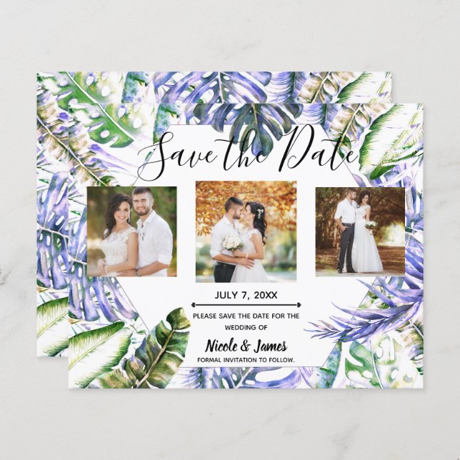 Island Purple Lilac Tropical Wedding Save the Date (Front/Back)