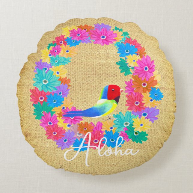 Island Rustic Bird 'Aloha'  Round Cushion (Front)