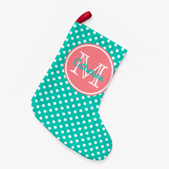 Island Sea and Coral Pink Polka Dot Monogram Small Christmas Stocking (Front (Hanging))