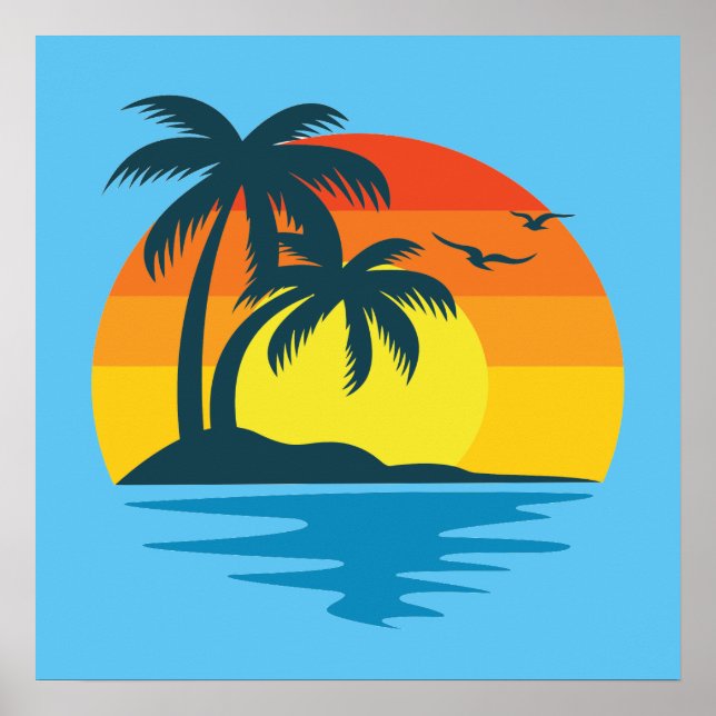 Island Sunset Tropical Beach Palm Tree Ocean Poster (Front)