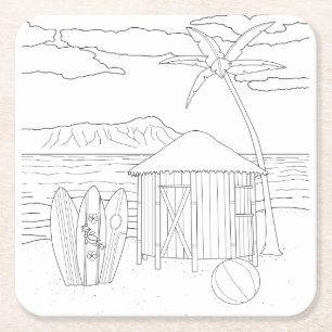 Island Tiki Hut Adult Colouring Paper Coaster
