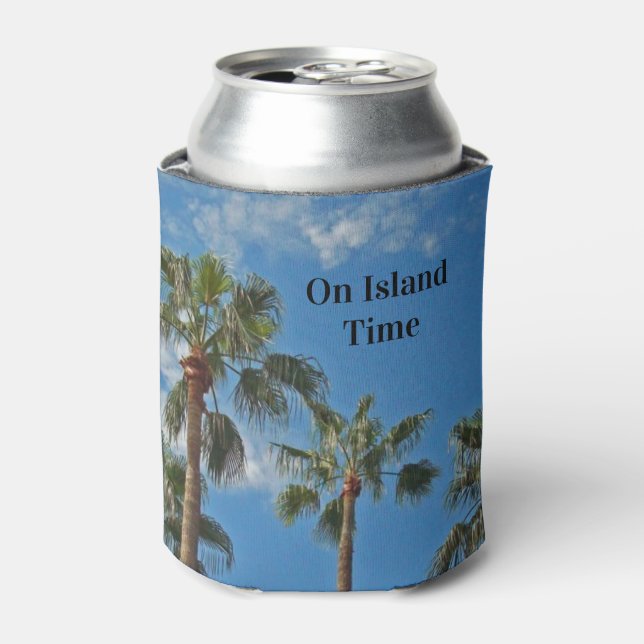 Island Time Tropical Palm Trees Blue Sky Paradise Can Cooler (Can Front)