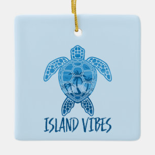 Island Vibes Tropical Sunset Sea Turtle Design Ceramic Ornament