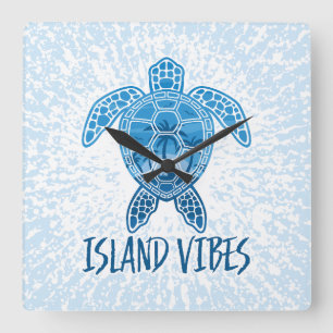 Island Vibes Tropical Sunset Sea Turtle Design Square Wall Clock