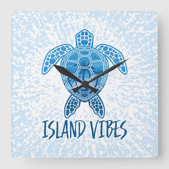 Island Vibes Tropical Sunset Sea Turtle Design Square Wall Clock (Front)