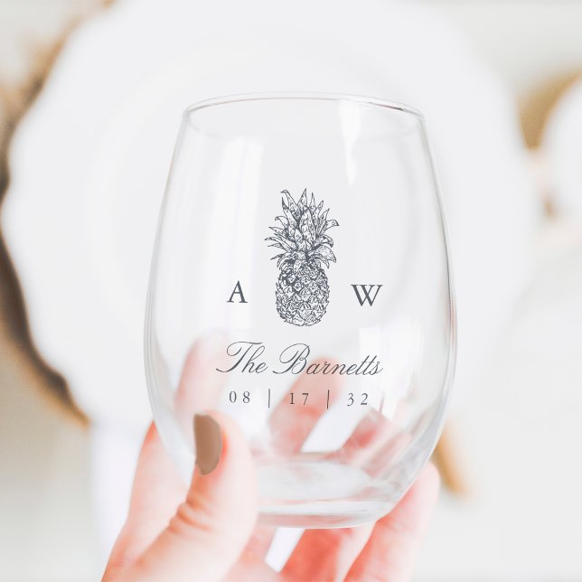 Island Vintage Pineapple Wedding Monogram Stemless Wine Glass (Creator Uploaded)
