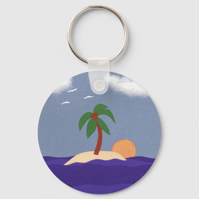 Island with Palm Tree, Sunset and Seagulls Key Ring (Front)