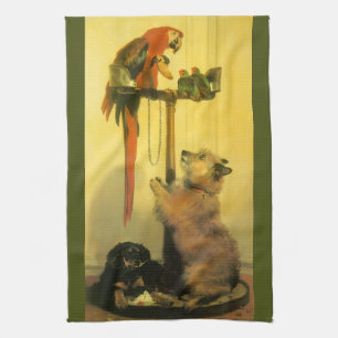 Islay, Tilco, a Macaw and Love Birds by Landseer Tea Towel