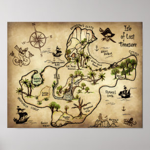 Isle of Lost Treasure Map with Jolly Roger Poster