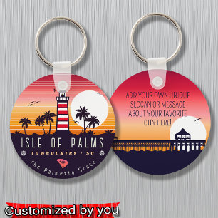 Isle of Palms lighthouse SC Retro Sunset Souvenirs Key Ring