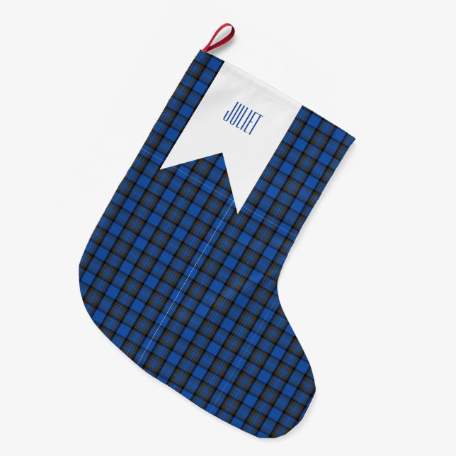 Isle of Skye Blue Tartan Plaid Pattern Large Christmas Stocking (Front (Hanging))