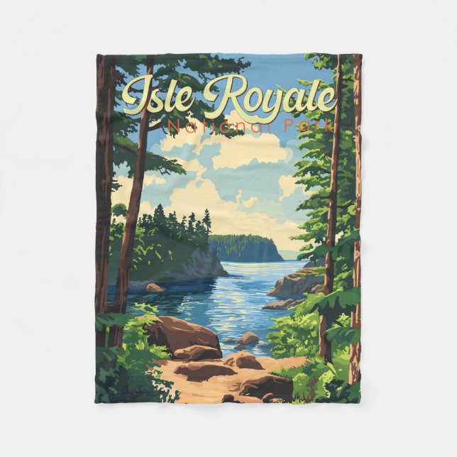 Isle Royale National Park Illustration Travel Art Fleece Blanket (Front)