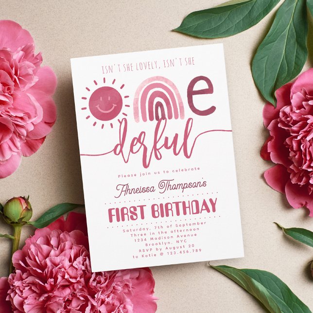 Isn't she Lovely Onederful Pink Rainbow Birthday Invitation (Creator Uploaded)