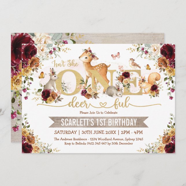 Isn't She ONE-deer-ful Fall Woodland 1st Birthday Invitation (Front/Back)