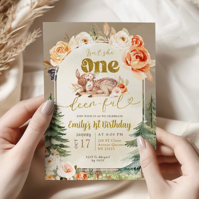 Isn't She Onedeerful Forest Boho 1st Birthday Girl Invitation (Creator Uploaded)