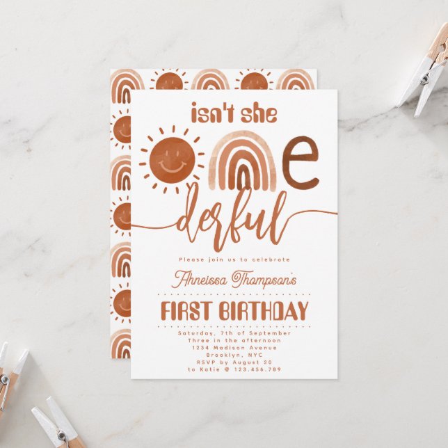 Isn't she Onederful Boho Rainbow Sunshine Birthday Invitation (Front/Back In Situ)